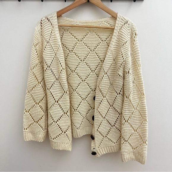Elegant Cream Whimsy Crochet Open-Knit Lightweight Cardigan M - Picture 3 of 4